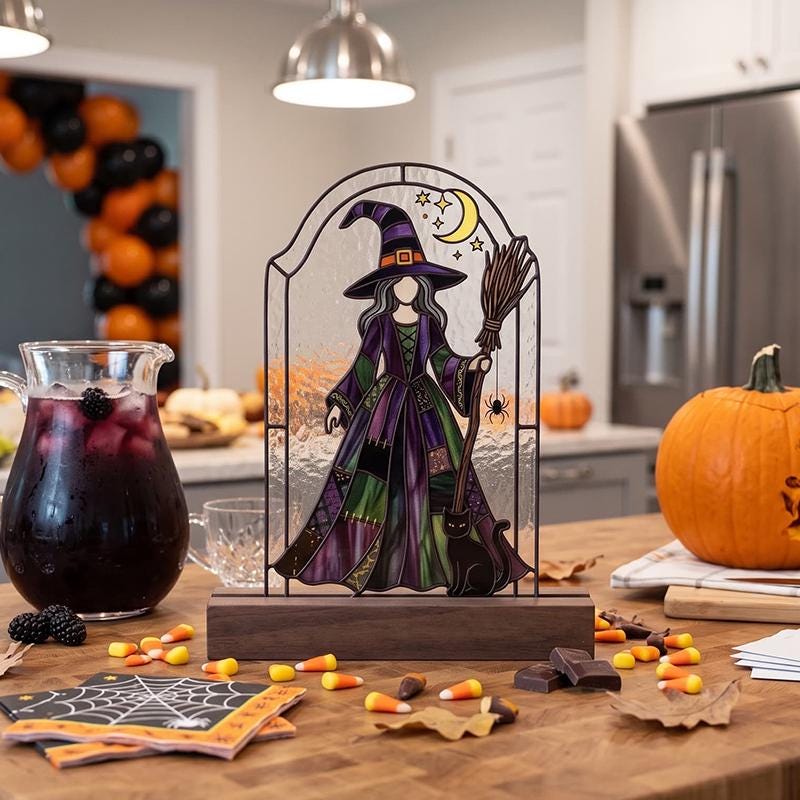 Witch and Black Cat Glass Decor