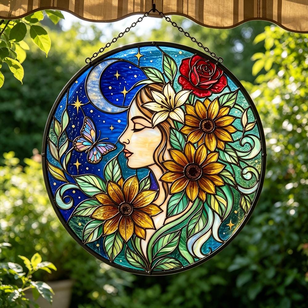 Moon and Butterfly Floral Glass Art
