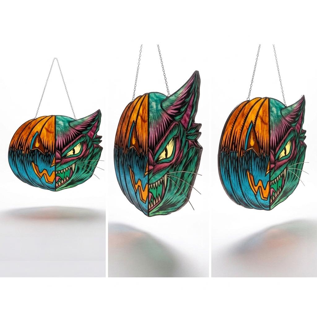 Split-Face Pumpkin Cat Glass Suncatcher