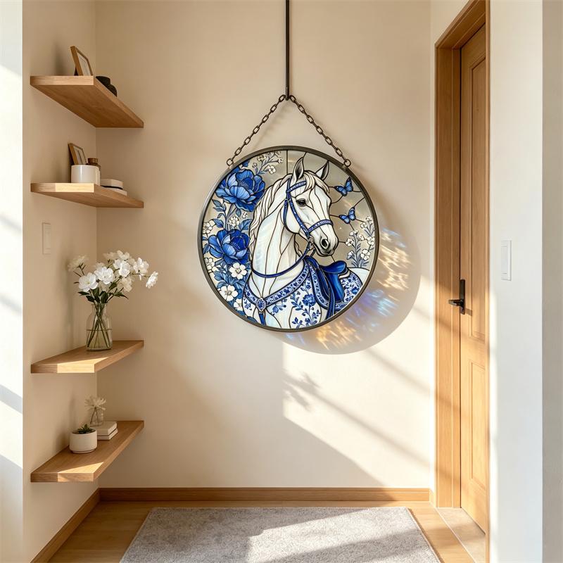 Blue Floral Horse Glass Suncatcher