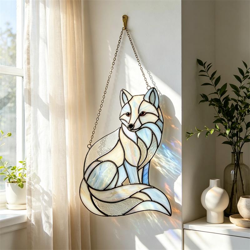 Blue and White Fox Glass Suncatcher