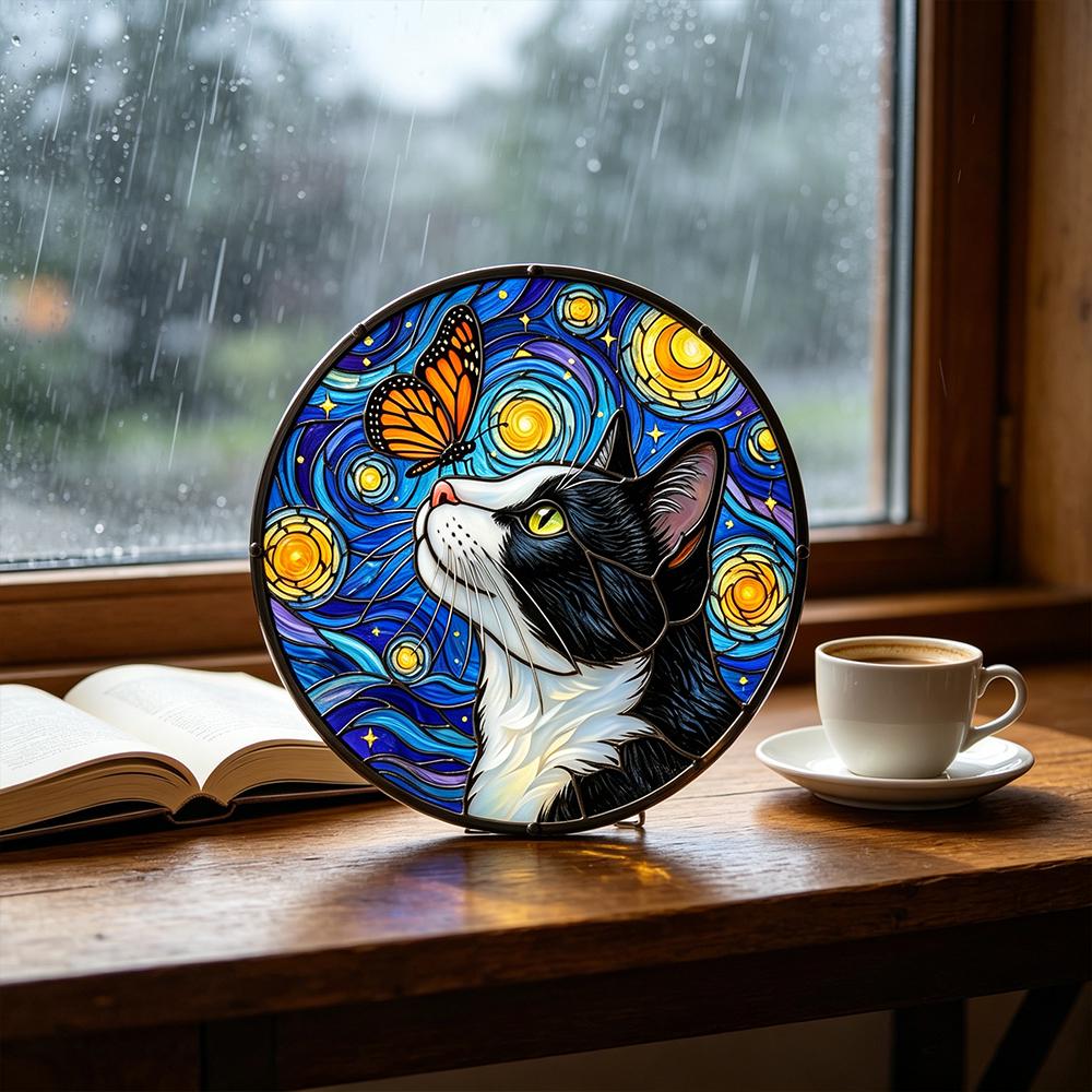 Starry Cat and Butterfly Glass Art
