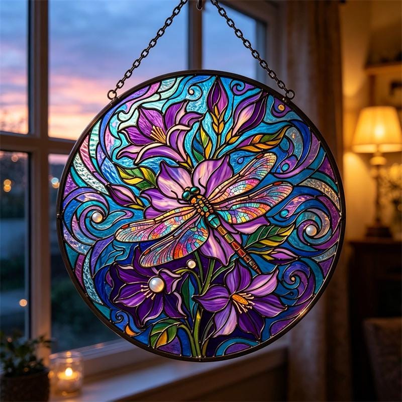 Floral Dragonfly Glass Suncatcher