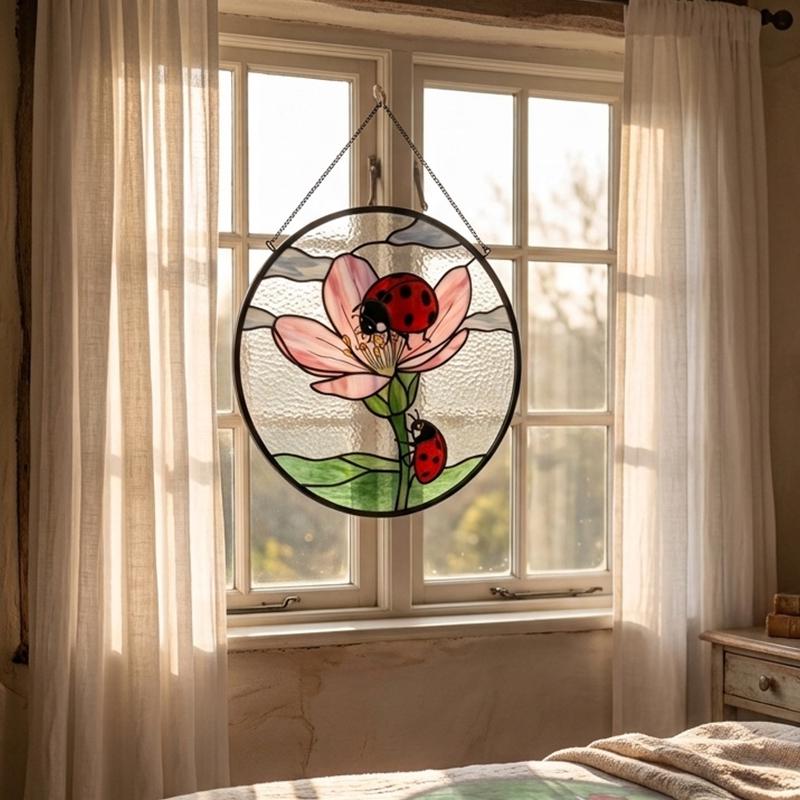 Pink Flower Ladybug Glass Suncatcher