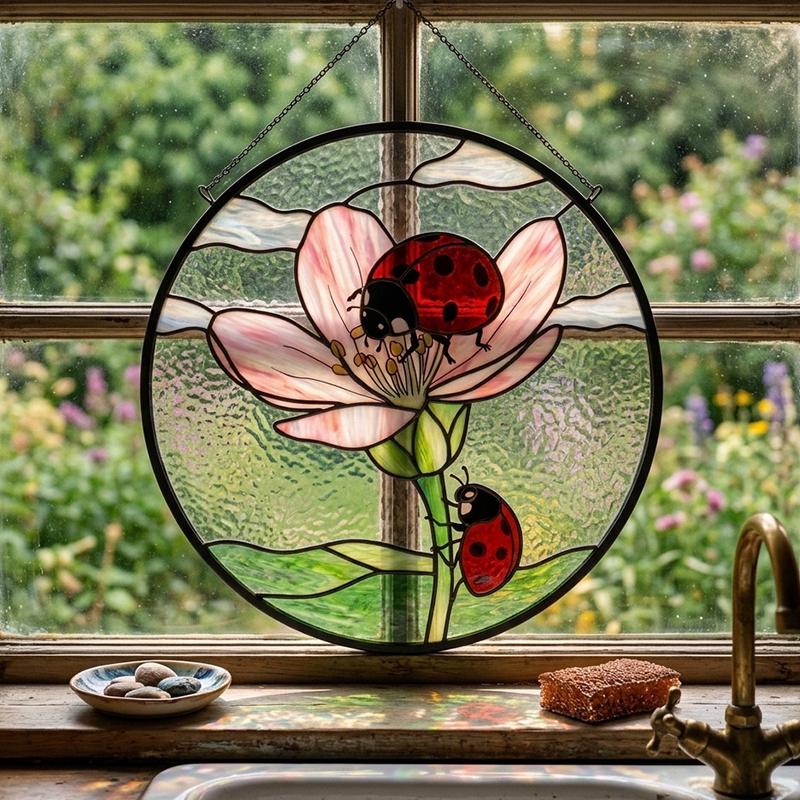 Pink Flower Ladybug Glass Suncatcher