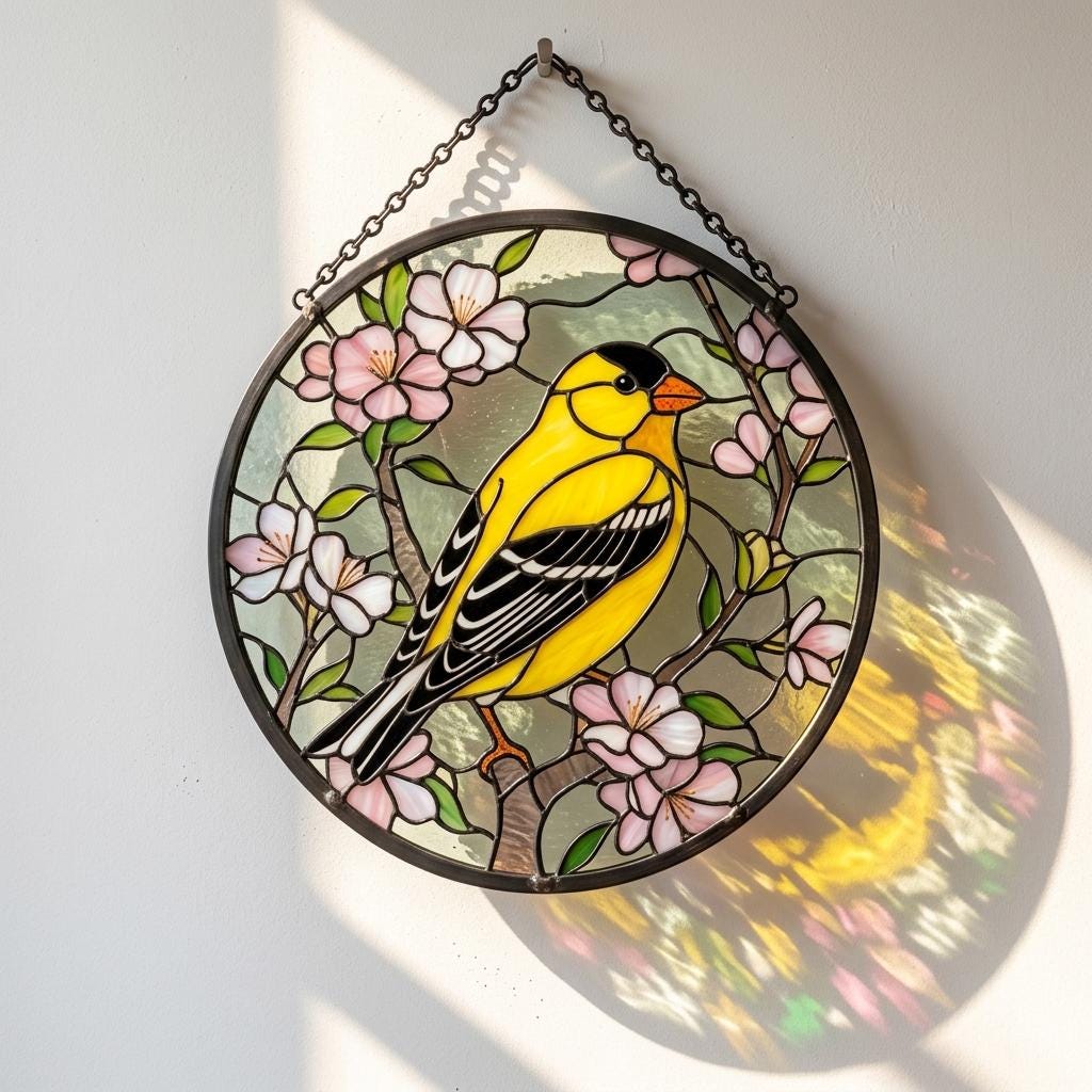 Goldfinch Cherry Blossom Glass Suncatcher