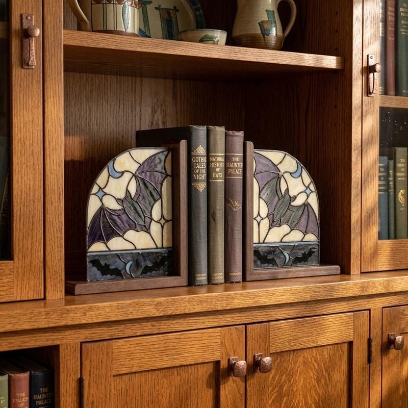 Bat and Crescent Moon Glass Bookends