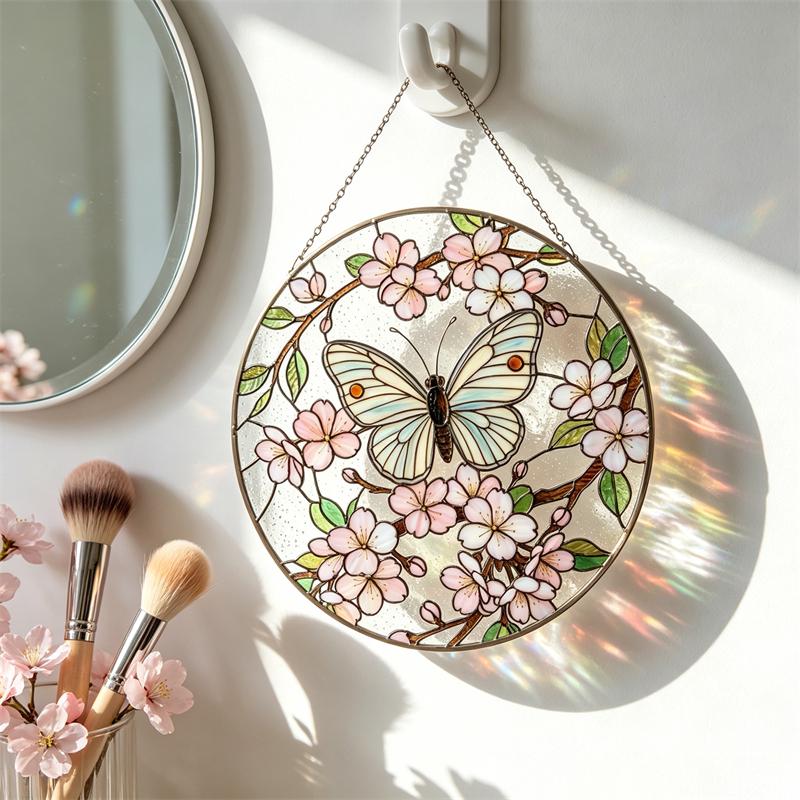 Cherry Blossom Butterfly Glass Wall Hanging