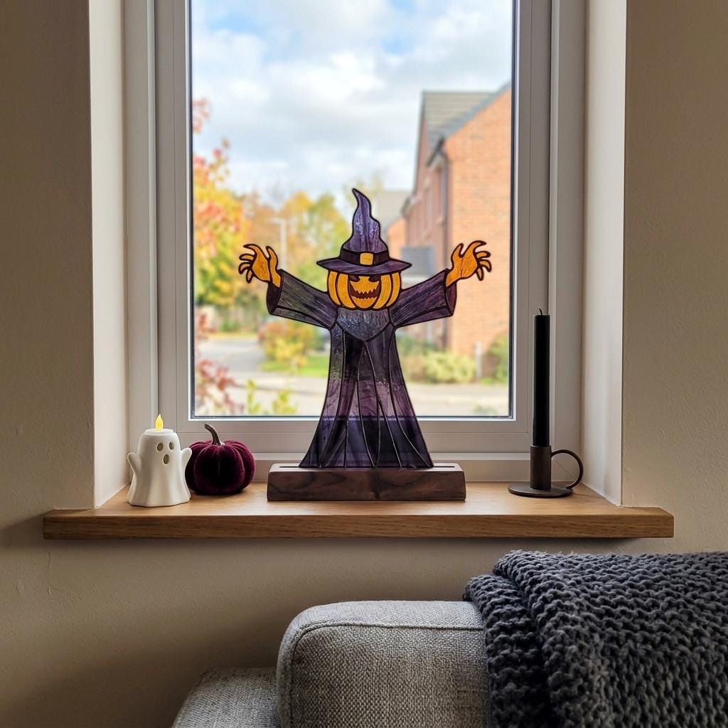 Pumpkin Witch Scarecrow Glass Decor
