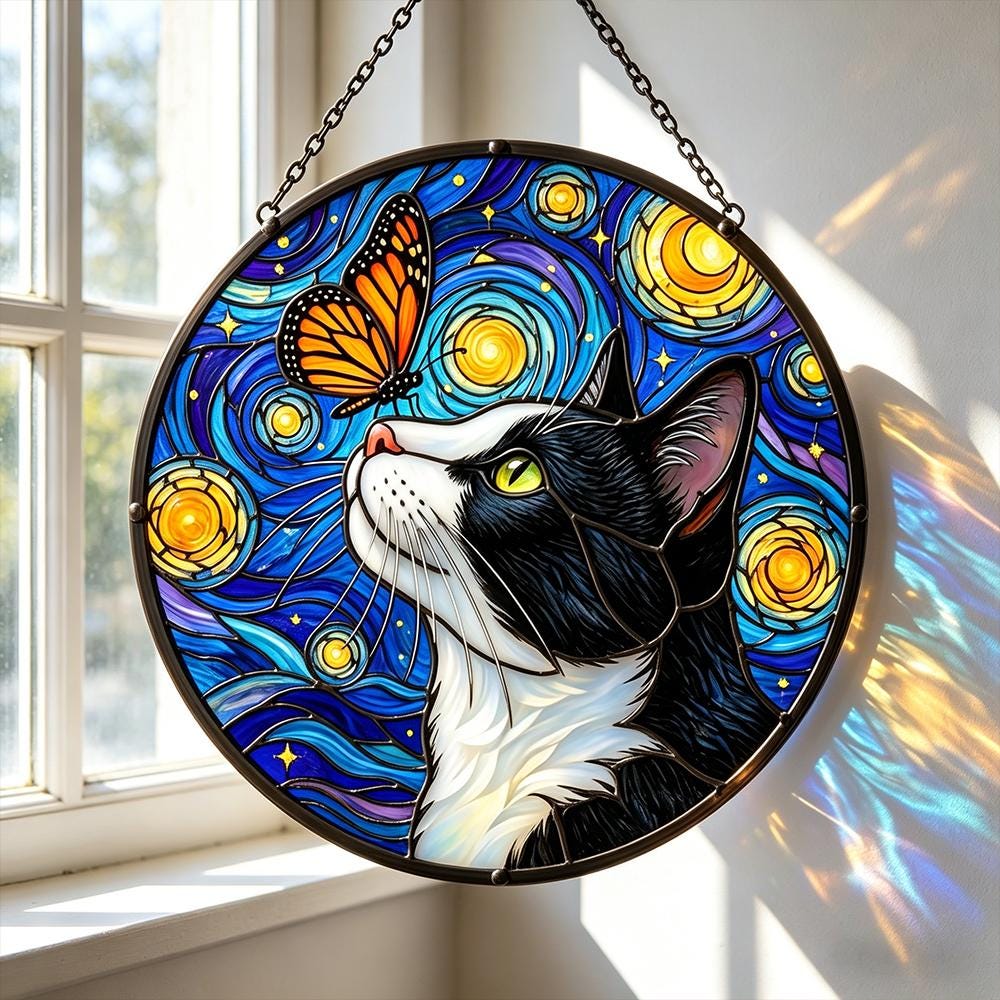 Starry Cat and Butterfly Glass Art
