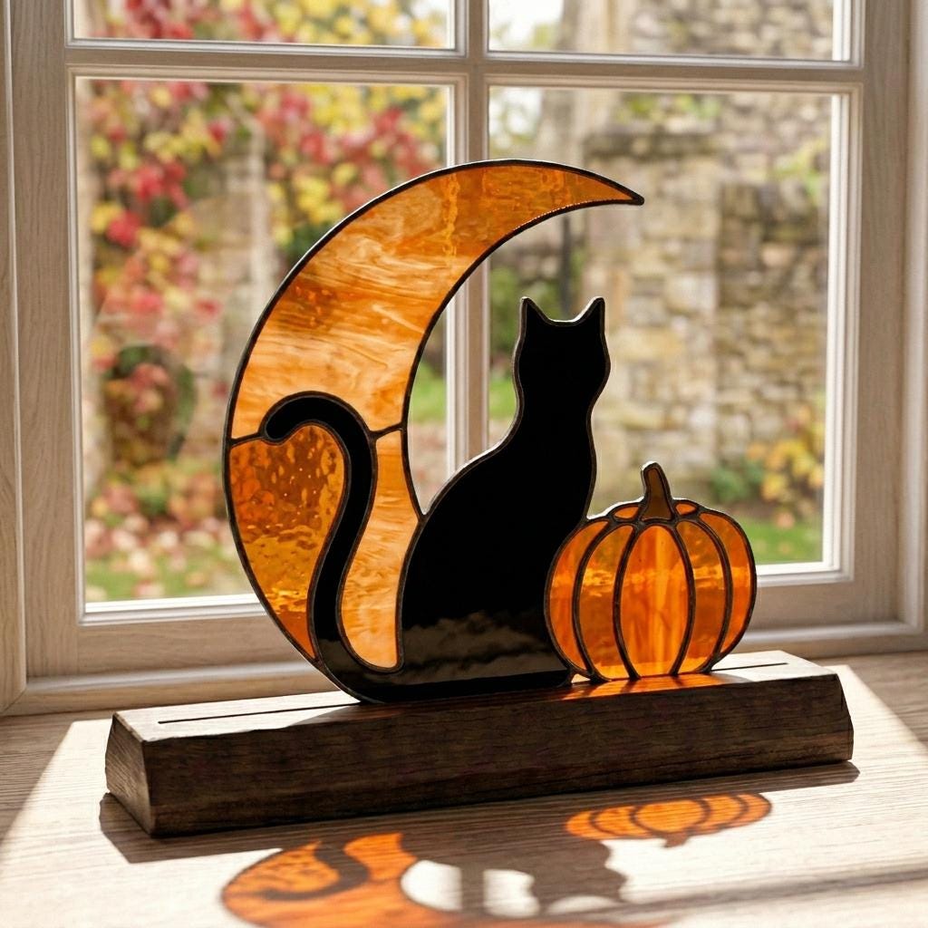 Black Cat Moon and Pumpkin Glass Decor