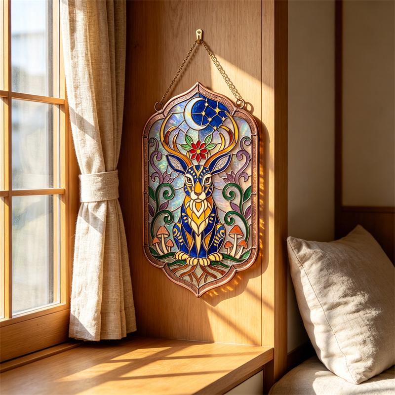 Moon and Mushroom Jackalope Glass Suncatcher