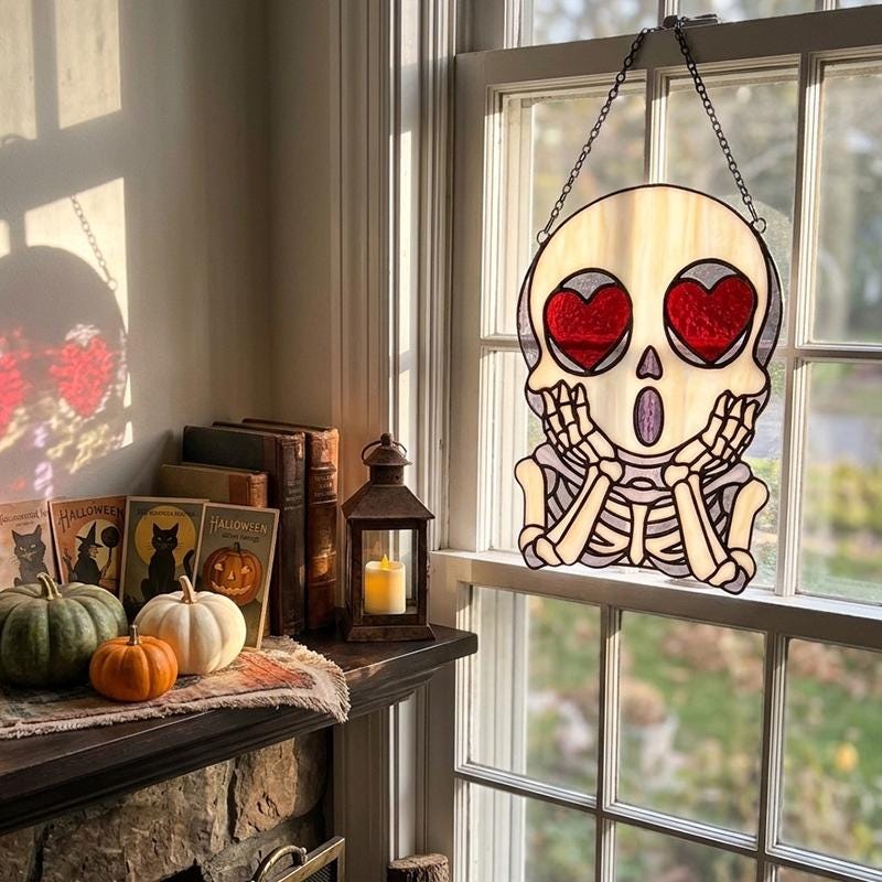 Heart-Eyed Skeleton Glass Suncatcher