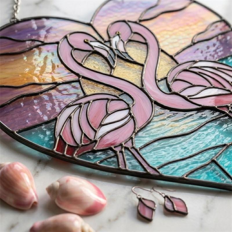 Flamingo Heart Glass Suncatcher