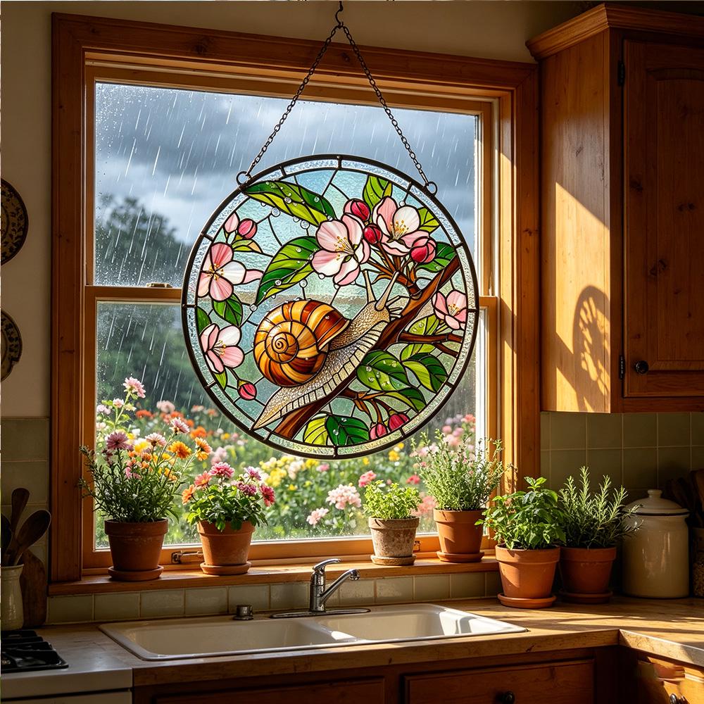 Snail Cherry Blossom Glass Suncatcher
