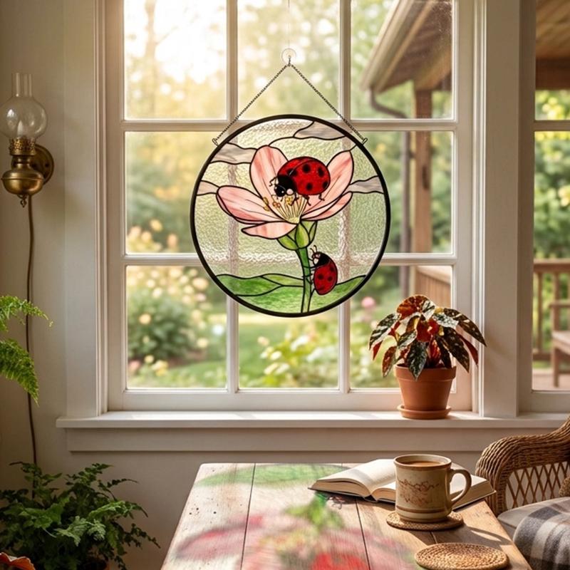 Pink Flower Ladybug Glass Suncatcher