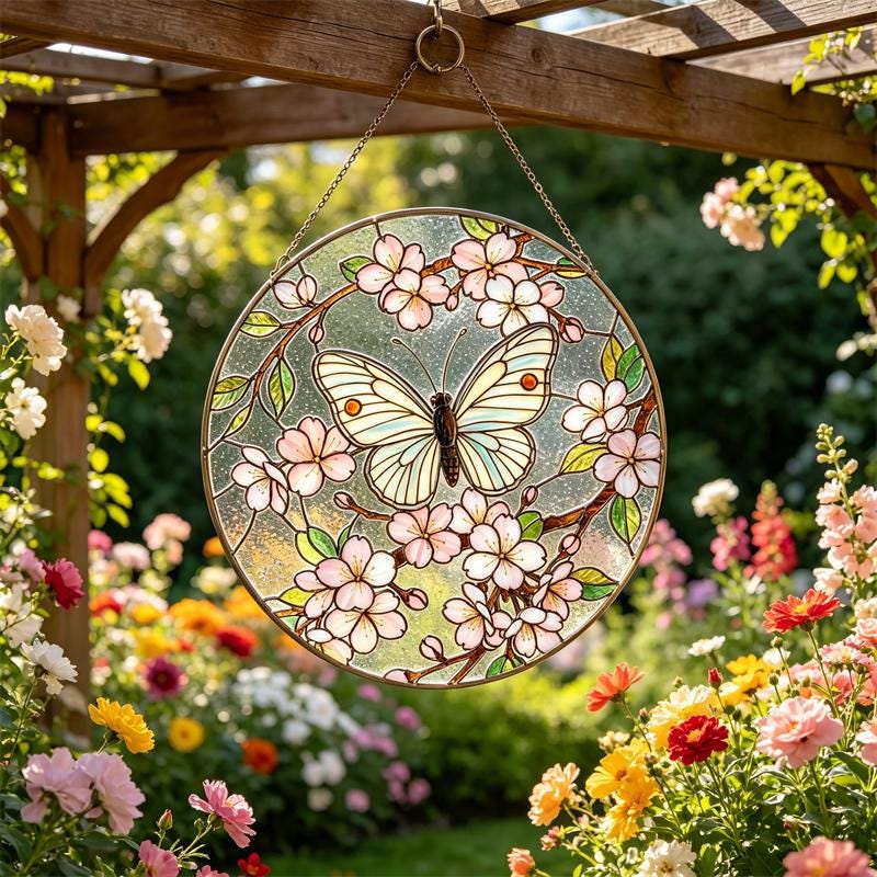Cherry Blossom Butterfly Glass Wall Hanging