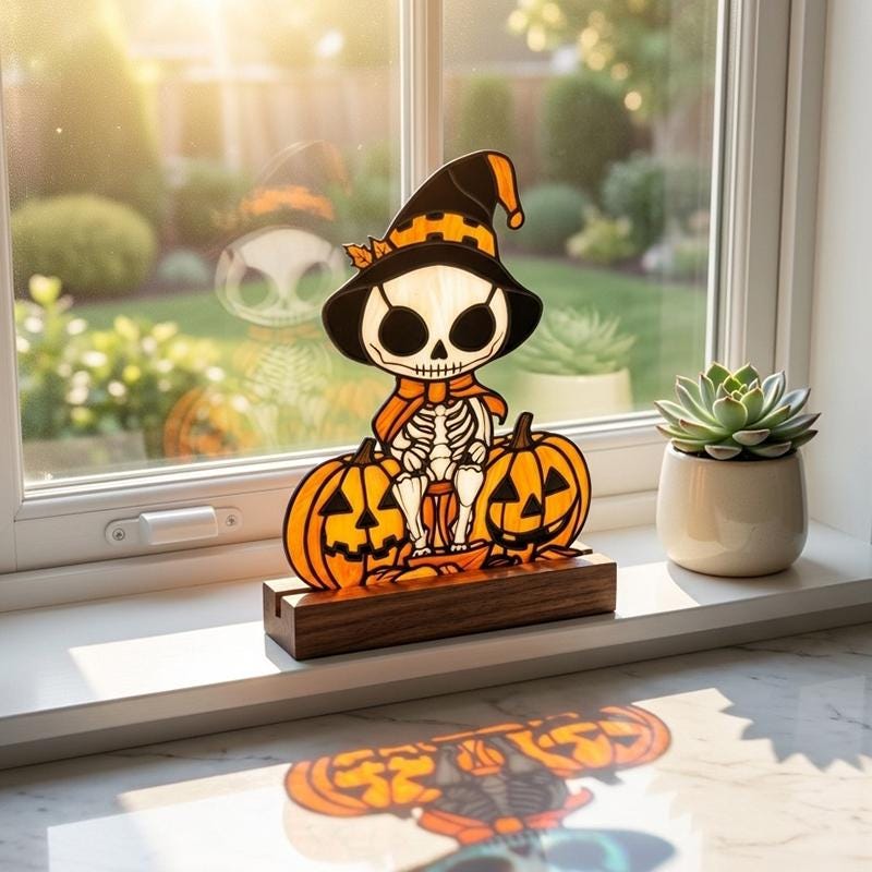 Skeleton Pumpkin Glass Decor