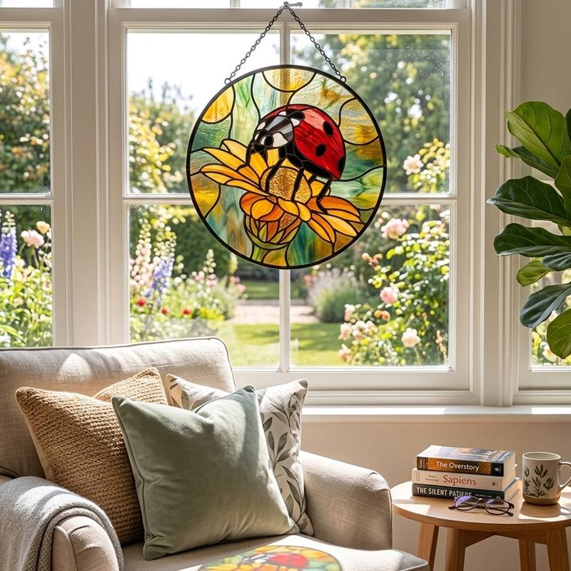 Ladybug Chrysanthemum Glass Suncatcher