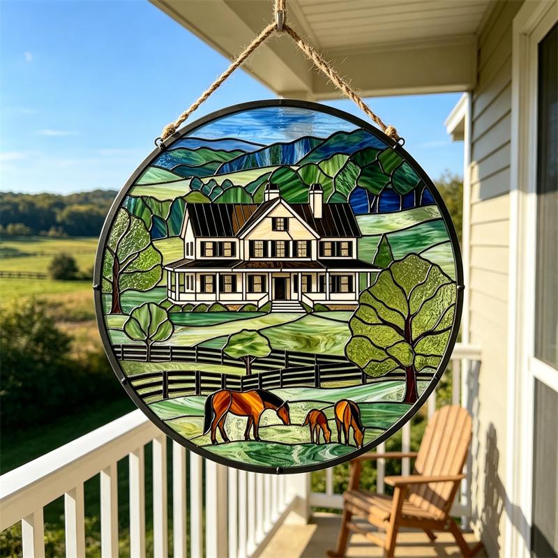 Farmhouse and Horses Glass Panel