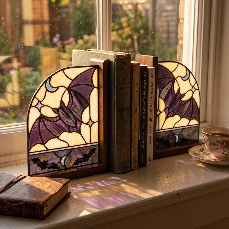 Bat and Crescent Moon Glass Bookends