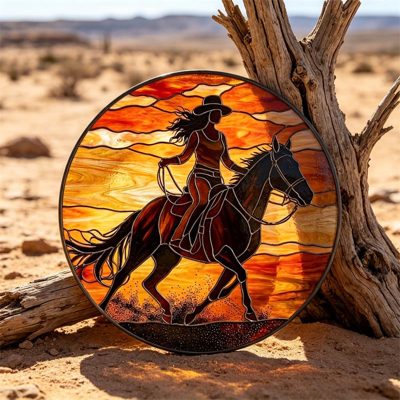 Sunset Cowgirl and Horse Glass Suncatcher