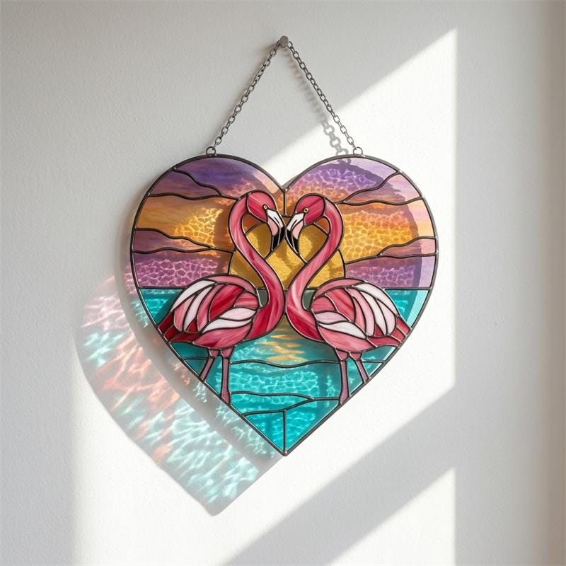 Flamingo Heart Glass Suncatcher