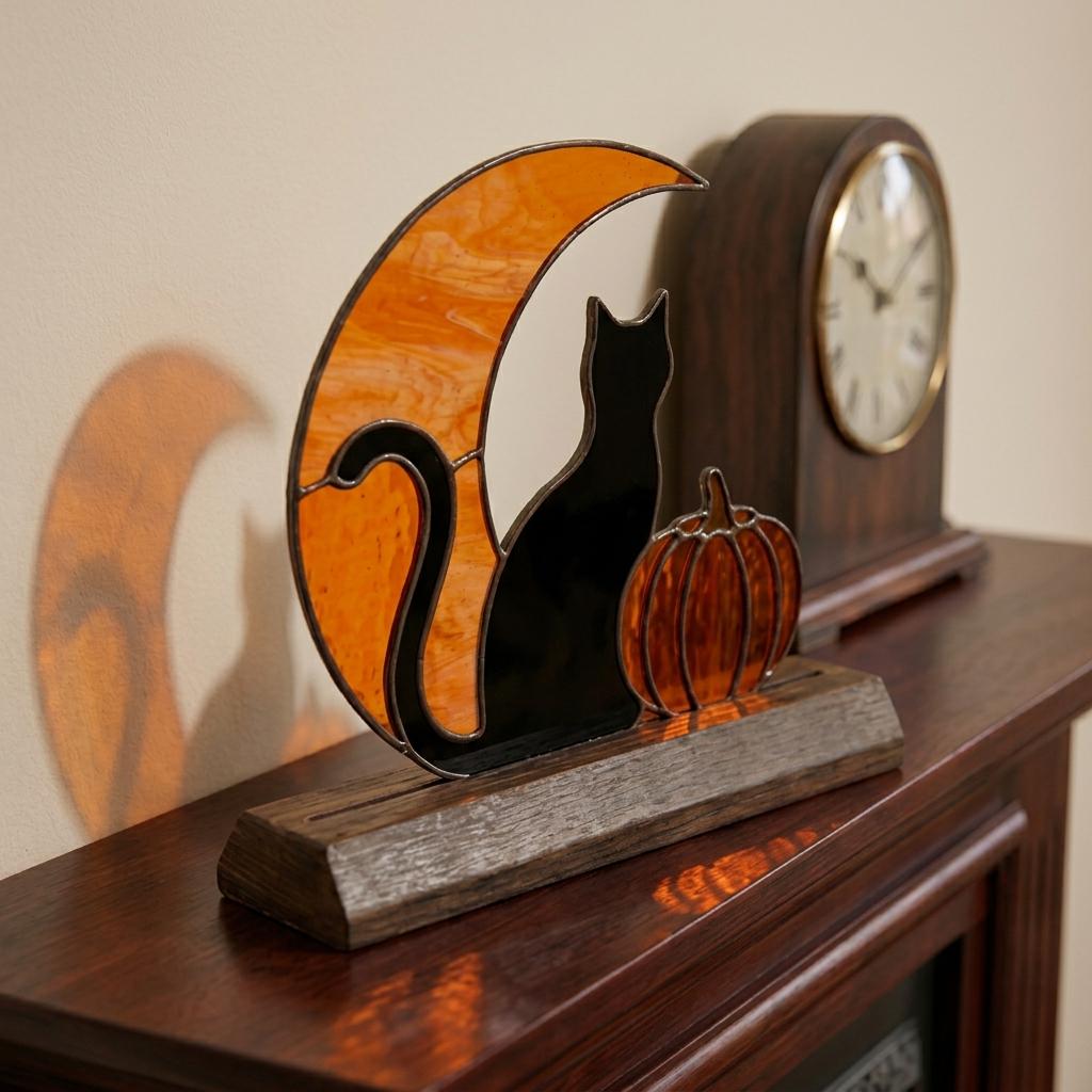 Black Cat Moon and Pumpkin Glass Decor