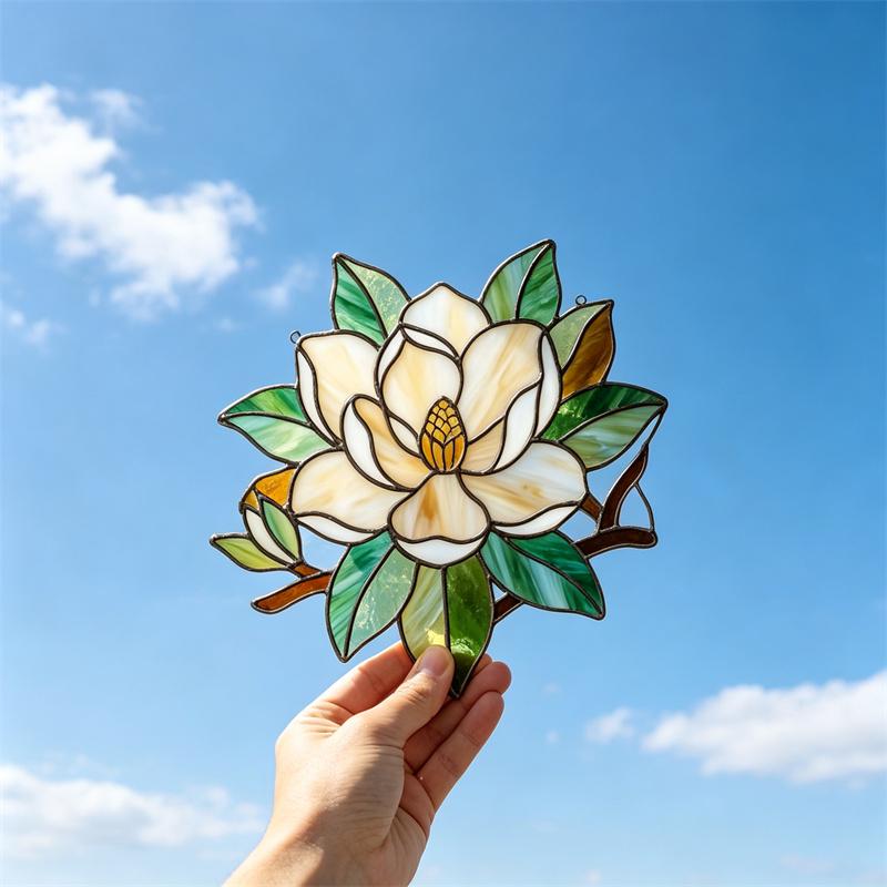 White Magnolia Glass Suncatcher