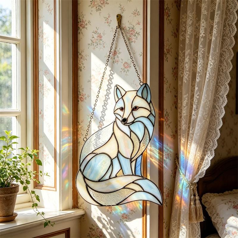 Blue and White Fox Glass Suncatcher