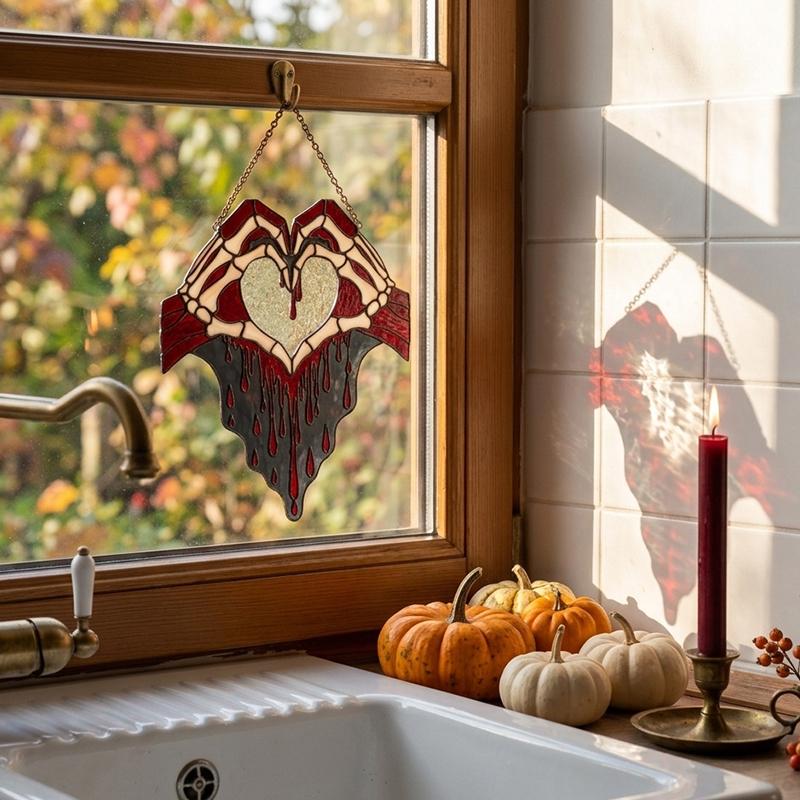 Skeleton Hands Heart Glass Suncatcher