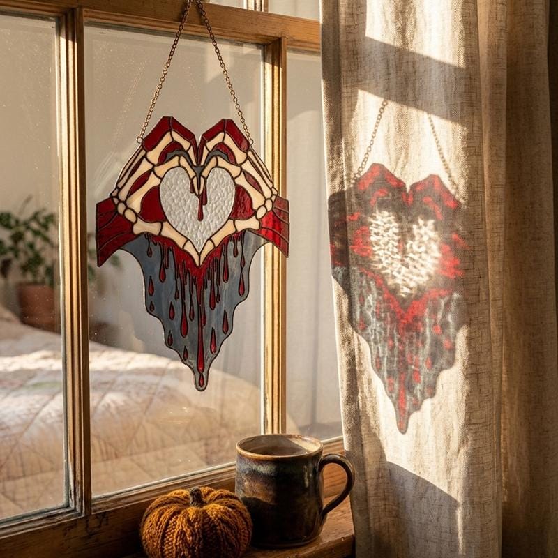 Skeleton Hands Heart Glass Suncatcher