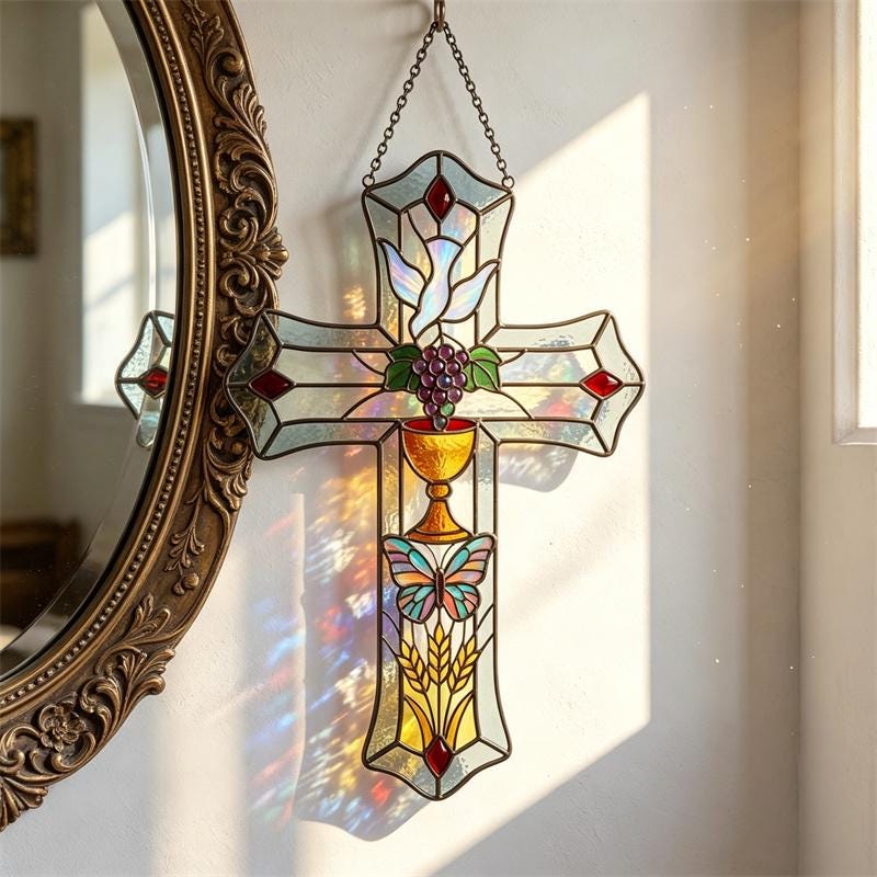 Butterfly and Grape Cross Glass Art