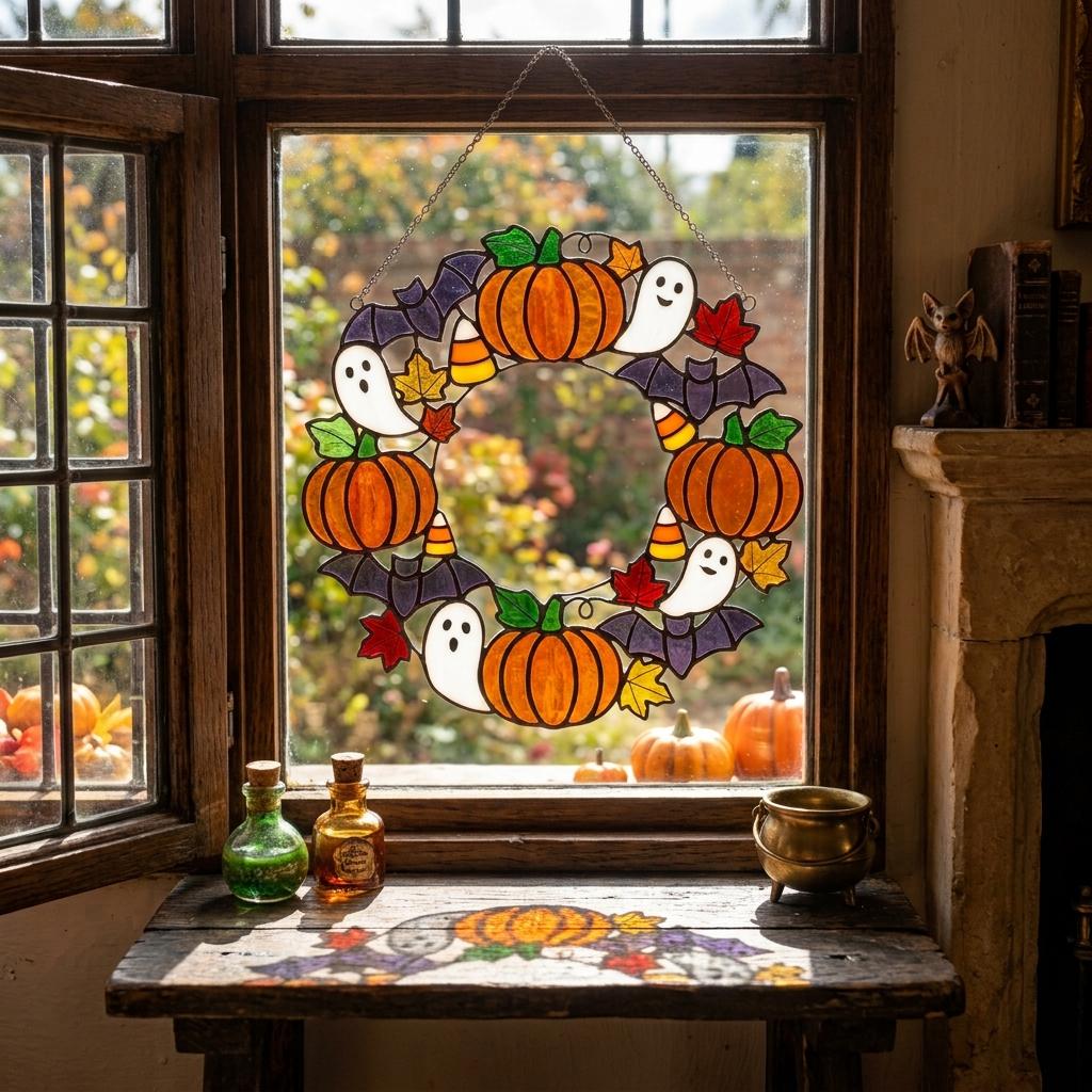 Ghost and Pumpkin Wreath Glass Suncatcher