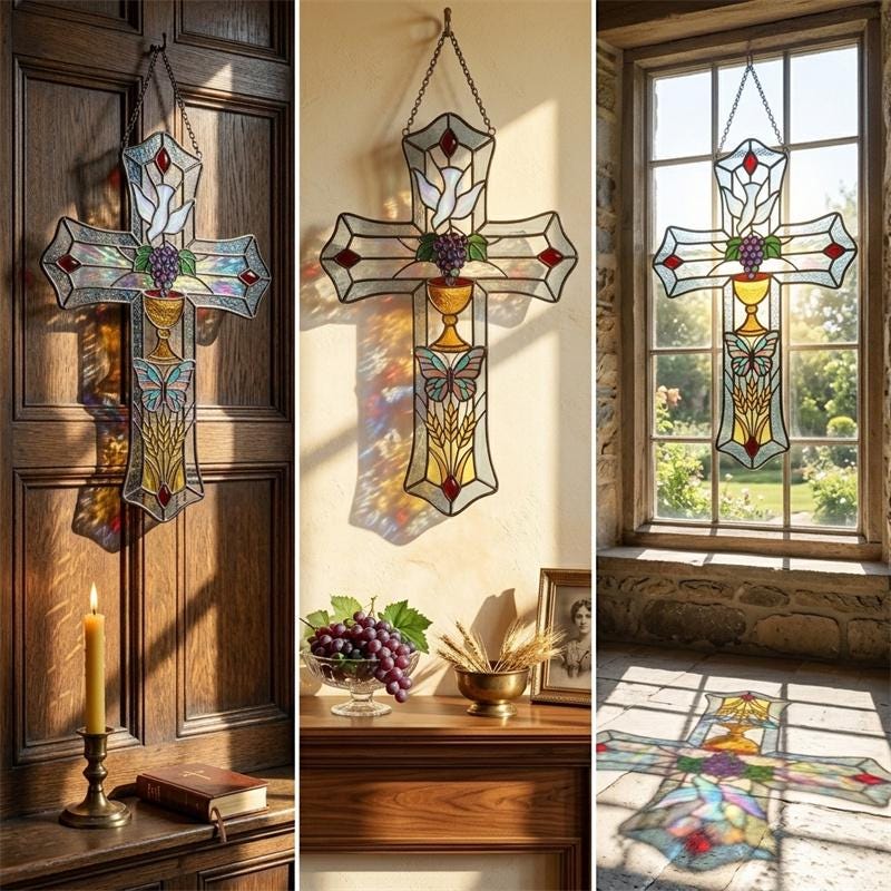 Butterfly and Grape Cross Glass Art