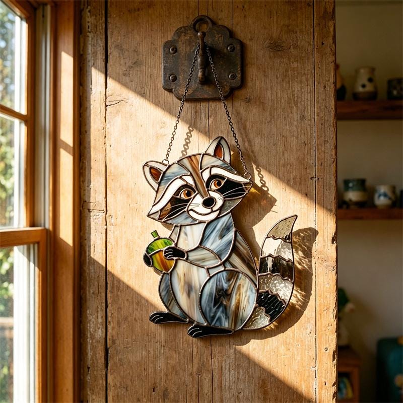 Rainbow Raccoon Glass Suncatcher