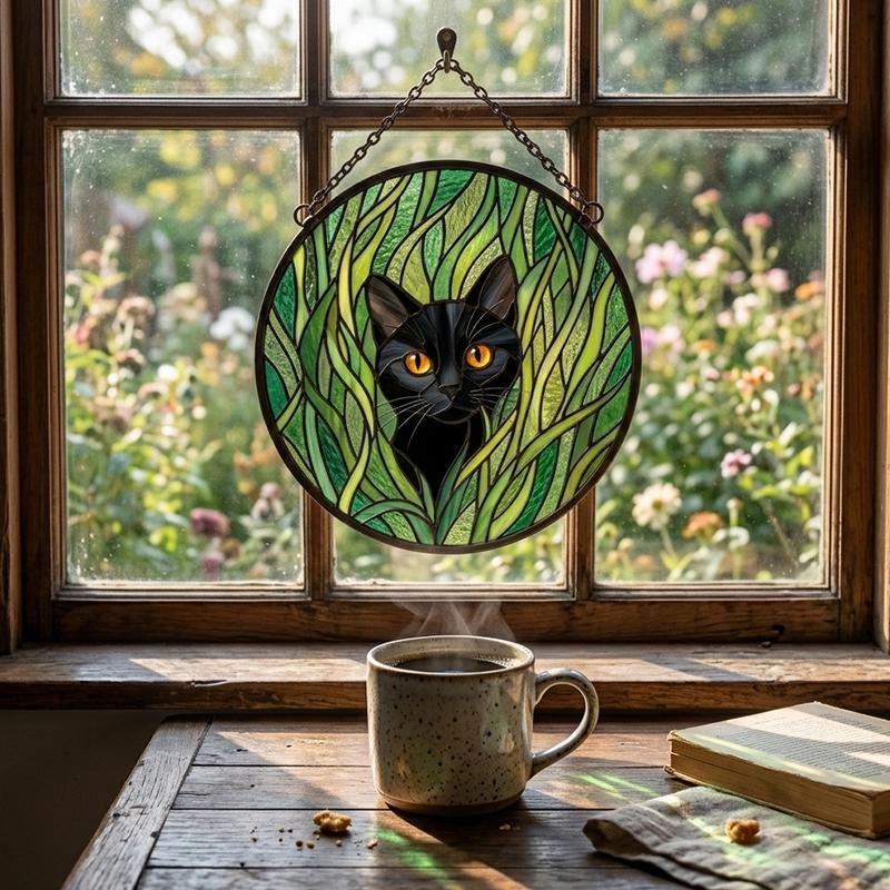 Black Cat Botanical Glass Suncatcher