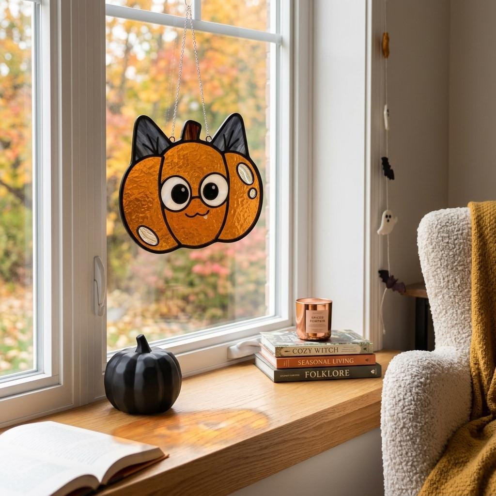 Cat Pumpkin Glass Suncatcher