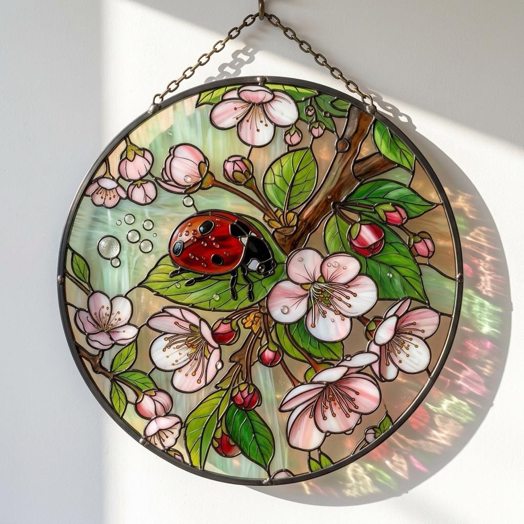 Ladybug Cherry Blossom Glass Suncatcher
