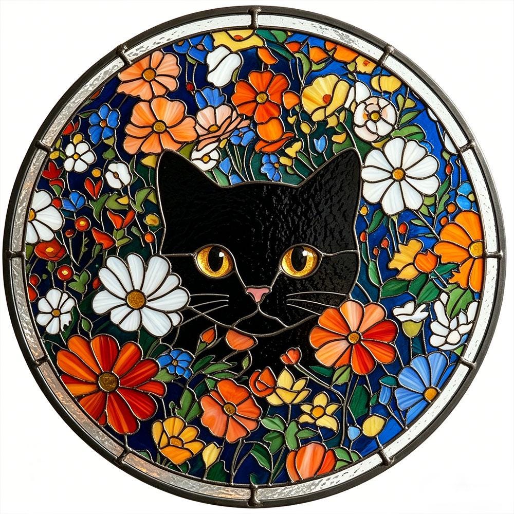 Black Cat Floral Glass Suncatcher