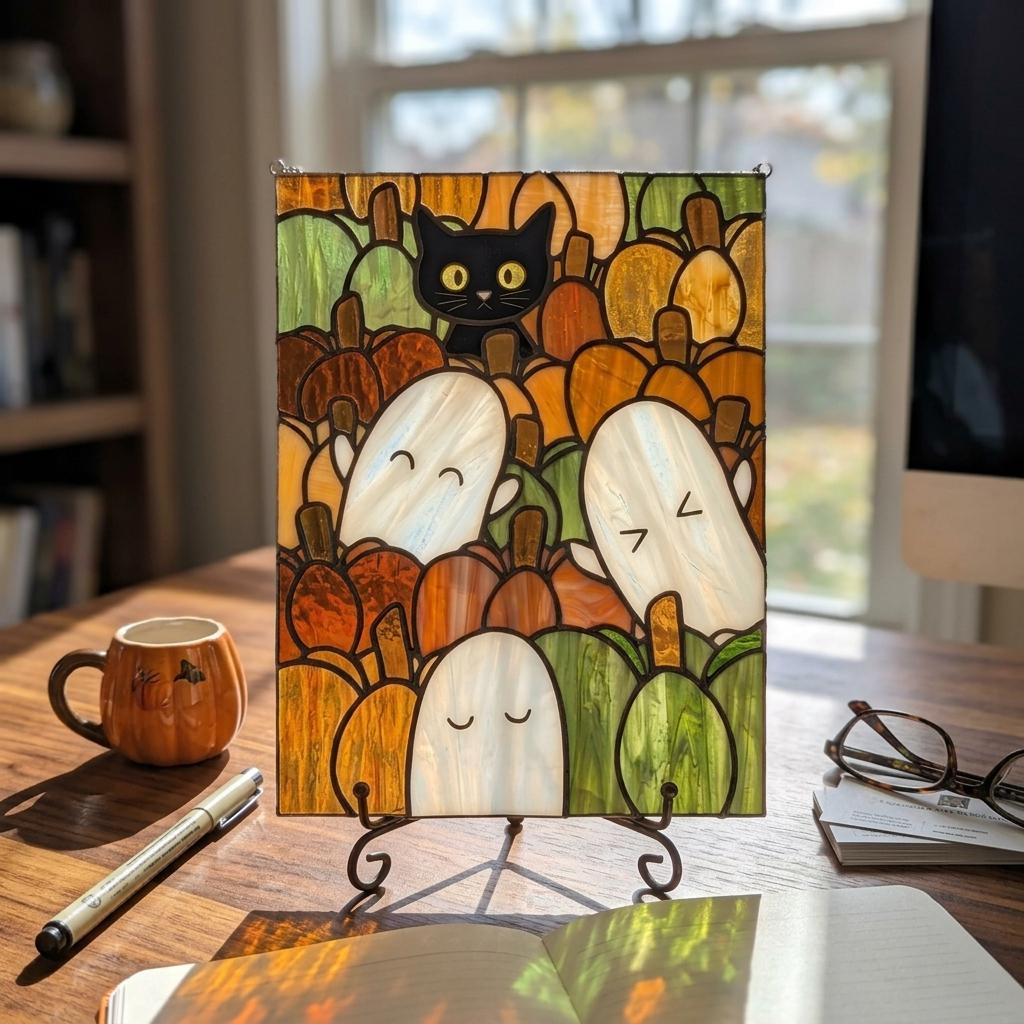 Black Cat Pumpkin Patch Suncatcher