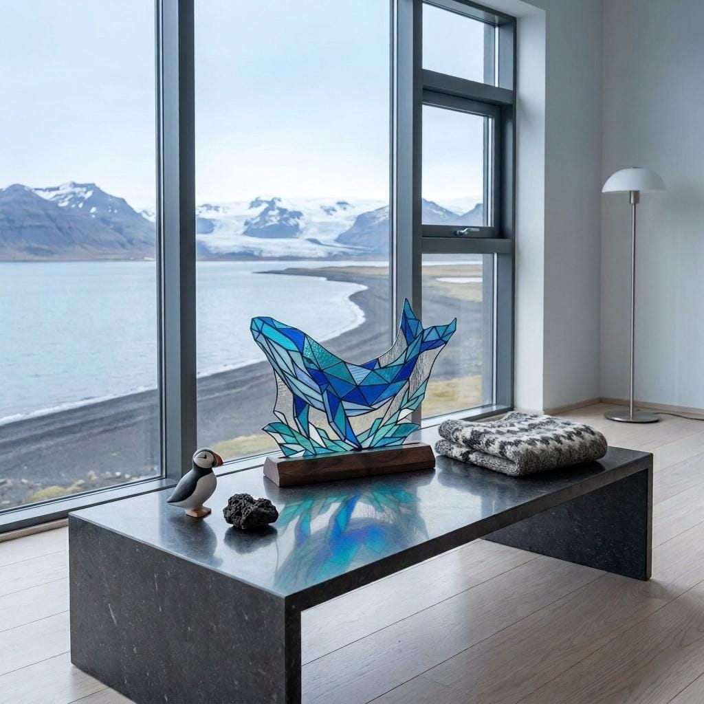 Geometric Whale and Waves Glass Decor