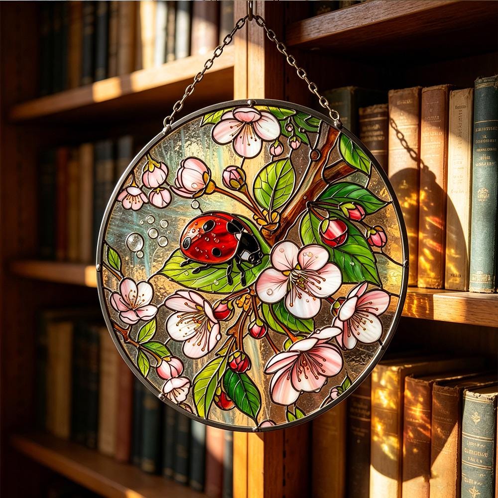 Ladybug Cherry Blossom Glass Suncatcher