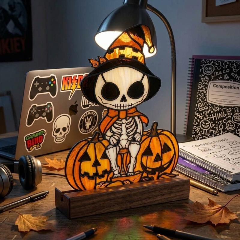 Skeleton Pumpkin Glass Decor