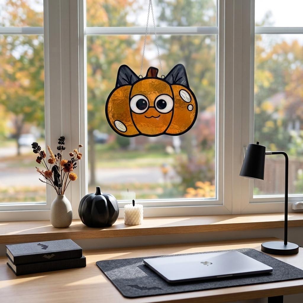 Cat Pumpkin Glass Suncatcher