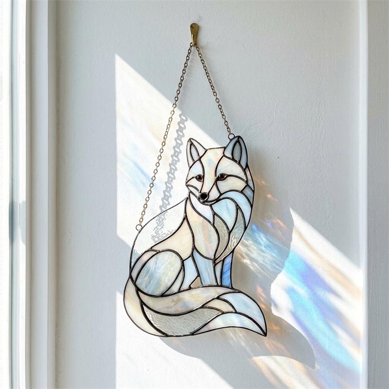 Blue and White Fox Glass Suncatcher