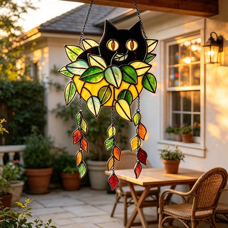 Black Cat Planter Glass Suncatcher