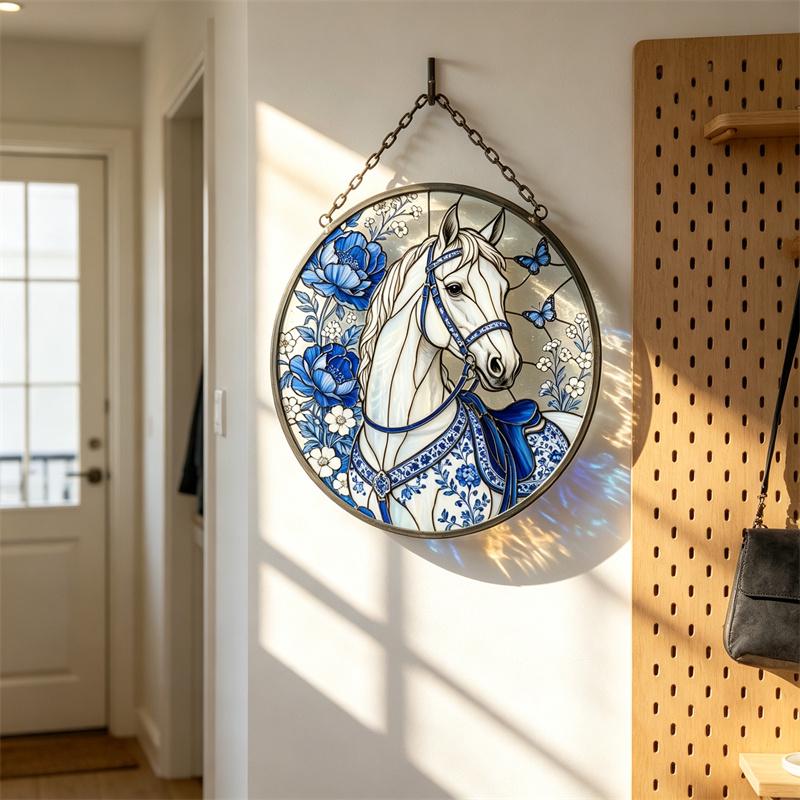Blue Floral Horse Glass Suncatcher