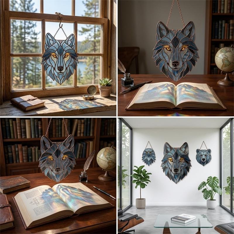 Blue and Amber Wolf Glass Suncatcher