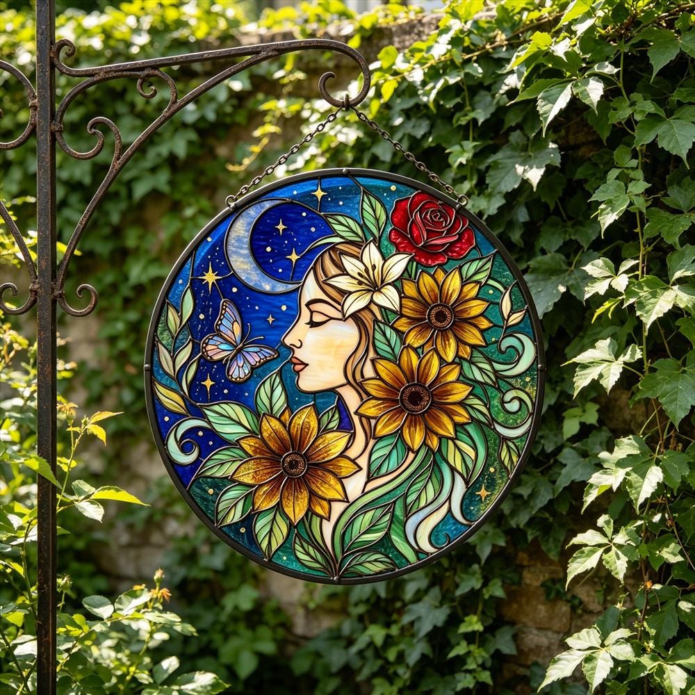 Moon and Butterfly Floral Glass Art
